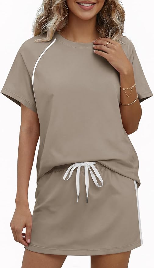 Womens 2 Piece Skirt Sets Summer Tennis Outfits Vacation Skort Set | Two Piece Sets, Short Set, Athletic Workout Golf Outfits, Crew Neck, Color Block, Drawstring, Workout Mathcing Lounge Sets