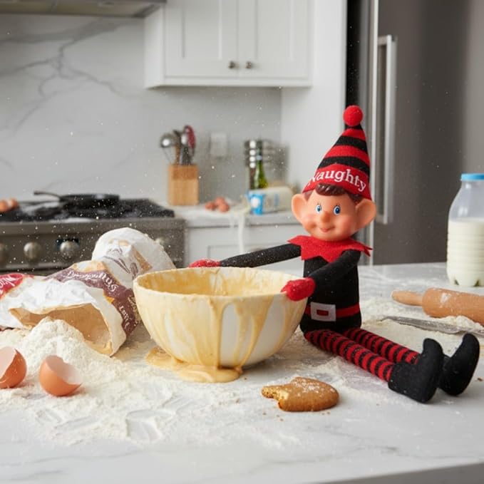 Toyland®️ Elves with Attitude 35cm (14") Red & Black 'Naughty' Elf Soft Toy - Knitted Hat & Legs - Vinyl Cheeky Face & Stick Together Hands - Festive Fun for All!
