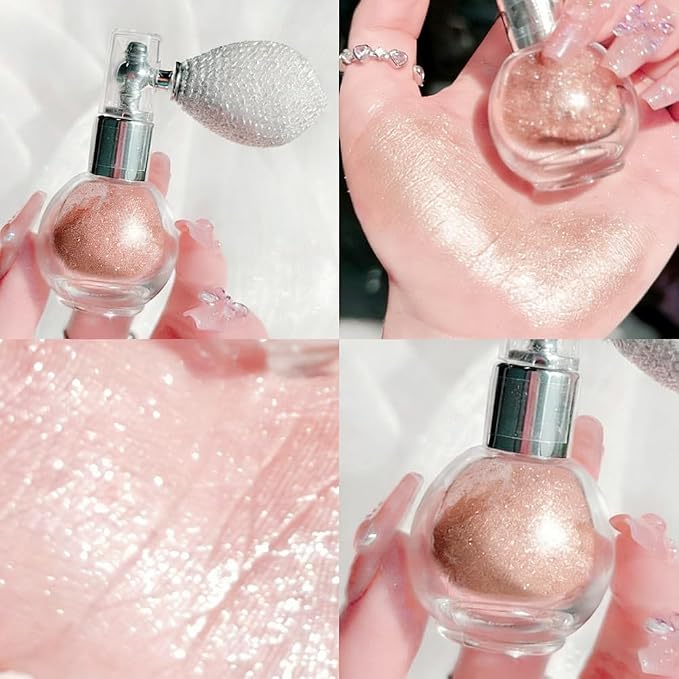 Nude Pink Face and Body Highlighter Spray for Natural Glow Makeup, 0.14oz | High Gloss Powder, Waterproof Shimmer Spray for Women Mardi Gras Singer Concert Music Rave Festival Outfits Accessories