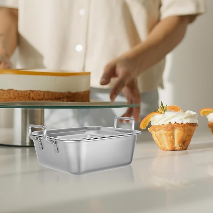 NUOBESTY Stainless Steel Square Snack Basket with Lid and Handles, Food Serving Tray for Fried Chicken, French Fries, Desserts, Party, Buffet, Kitchen (Silver)