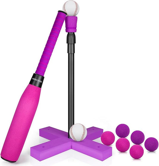 CeleMoon Adjustable TEE Foam T Ball Sets for Kids 3-5 Baseball Softball Bat Set Teeball Batting, 8 Balls Included for Toddlers Boys Girls Gift 3-5 5-8 Years Indoor Outdoor Sport Playing Toys