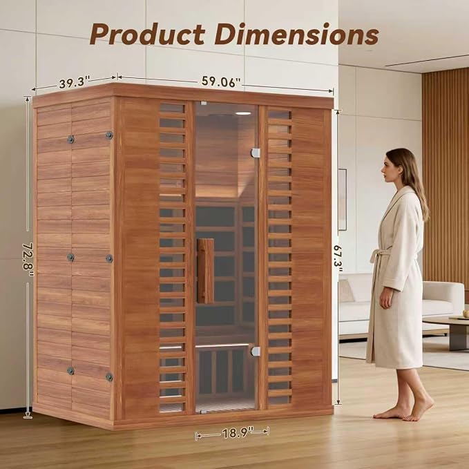MNLR 3 Person Infrared Home Sauna, 59"x39"x67" Wood Dry Sauna with 2 LED Strips, Low EMF FAR 1500W/120V LCD Heater, Red Light Therapy, RGB Lights, WiFi, BT Speakers, Flame-Retardant Materials