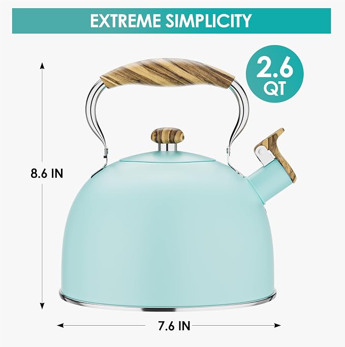 2.6 Quart Tea Kettle Stovetop Whistling for Stove Top, Blue | Food Grade Stainless Steel Tea Kettles with Cool Wood Pattern Handle, Induction Compatible
