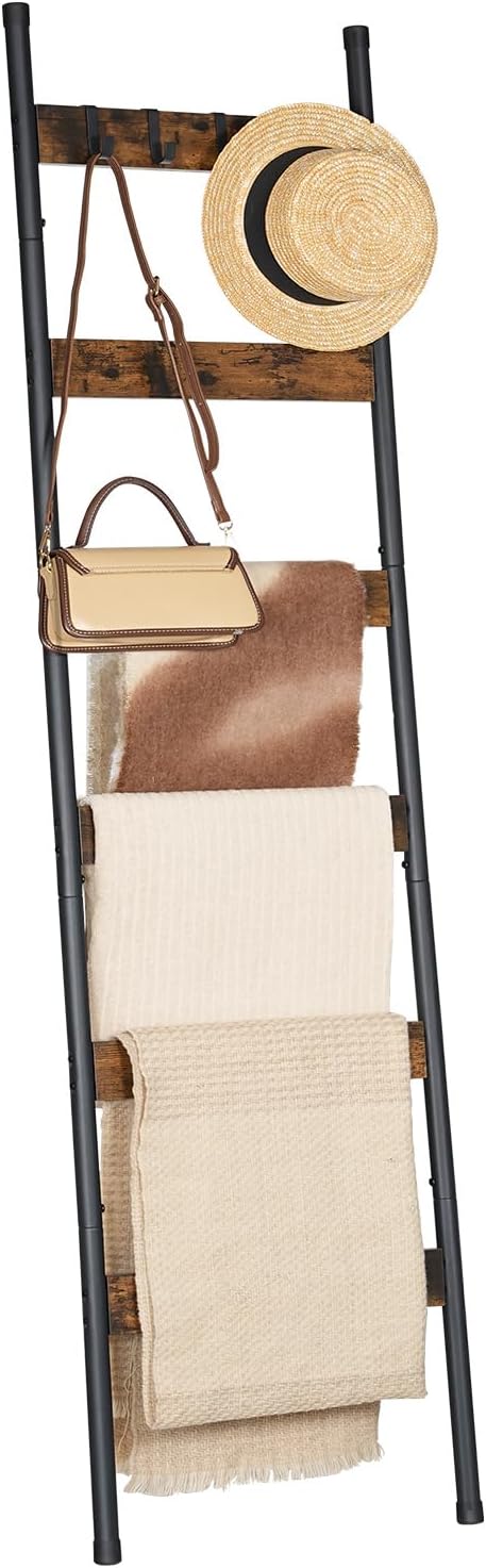HOOBRO Blanket Ladder, 6-Tier Towel Rack with Hooks, Wall-Leaning Blanket Rack, Decorative Display Ladder Shelf, Scarves, Industrial, Living Room, Bedroom, Rustic Brown and Black BF66CJ01