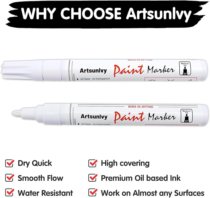Black Paint Pens Permanent Markers - 2 Pack Oil Based Quick Dry Waterproof Markers for Plastic, Tire, Rubber,Wood, Rocks, Metal, Canvas, Dark Surface,Craft Art Supplies,Medium Point