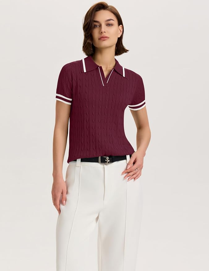 Micoson Womens Short Sleeve Sweater Tops Lapel V Neck Polo Shirts 2026 | Summer Cable Knit Loose Blouses, Business Casual Outfits