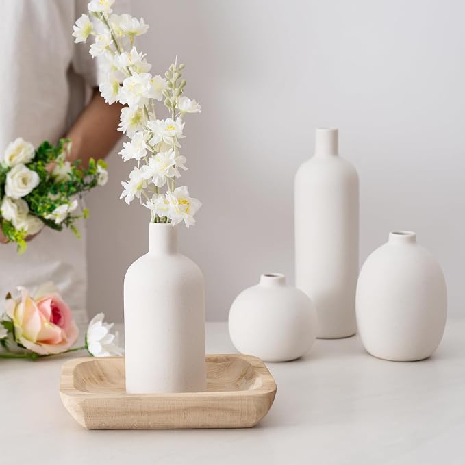 White Ceramic Vase Set of 4, Modern Minimalist Colors Home Decor, Decorative Flowers Vases for Bouquet, Pampas | Table Mantel Centerpiece Bookshelf Living Room Bedroom (White Set of 4)