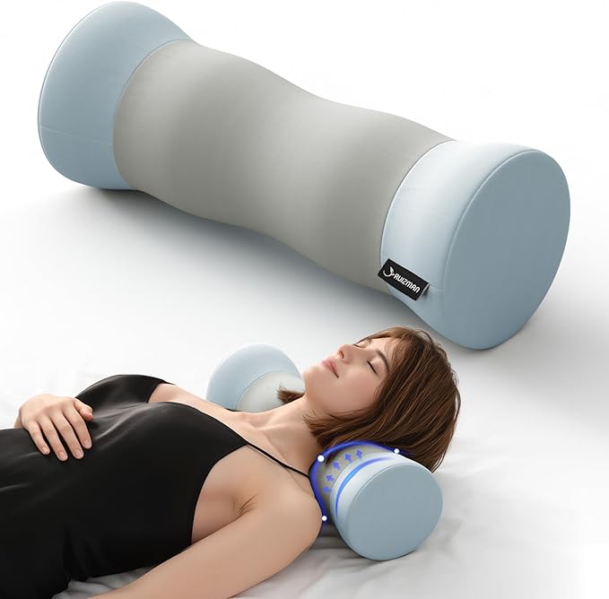 Neck Roll Pillow - Cooling Cover Round Neck Pillow for Sleeping - Memory Foam Cervical Support Pillow - Ergonomic Cylinder Pillows for Neck, Leg, Back, Yoga, Relaxing (Grey Blue)