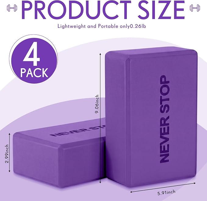 RoundFunny 4 Pack Yoga Blocks Non Slip Pilates Brick Foam Blocks Pilates Dance Gymnastics Workout Fitness Props Tool for Stretching Meditation and Exercise