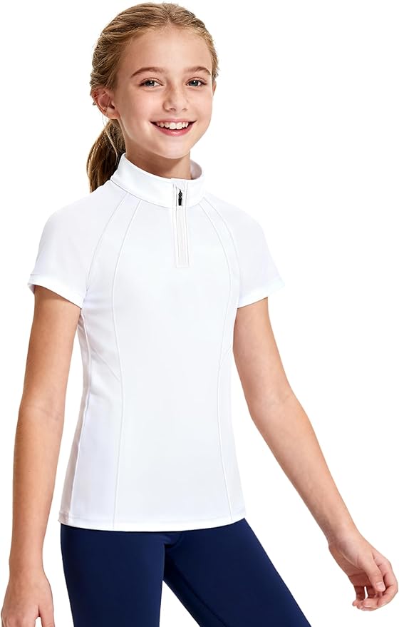 JOCMIC Girls Equestrian Shirt Short Sleeve Quick Dry Horse Riding Shirts Half Zip Horseback Show Shirt