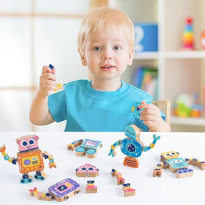 Wooden Robots for Kids Building Blocks, Fine Motor Skills, Boys and Girls STEM Disassemblable Toy Sets, Suitable for Children Aged 3 to 8, Creative Building Toys
