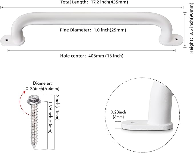 17 Inch Pack of 6 White Metal Playground Safety Handles - Playset Grab Handles, Swing Sets Hand Grips Grab Rail, Kids Monkey Bar for Indoor Playroom