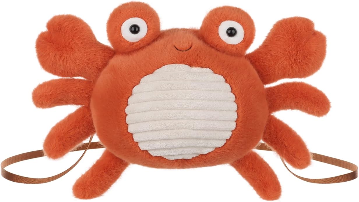 Apricot Lamb Happy Crab Shoulder Bag Shaped Crossbody Plush Shoulder Bag for Kids, Teen Girls Boys, Stuffed Animal Purse, Kids Fashion Handbags, 7.9 Inches