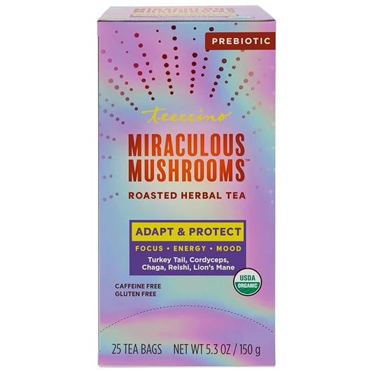 Teeccino Miraculous Mushrooms Adapt & Protect Herbal Tea By Teeccino, 25 Tea Bags - Five Organic Adaptogenic Mushrooms with Chicory & Cacao, 3x More Herbs than Regular Tea Bags, Caffeine Free, Prebiotic
