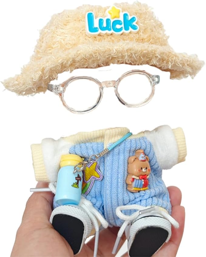 5 Set 17cm Doll Clothes -Clothes for Dolls Outfit - Accessories for 17cm Dolls Clothes +Light Pink Heart-Shaped Velvet hat + Small Camera + Glasses + Canvas Shoes, No Doll Included (Style H)