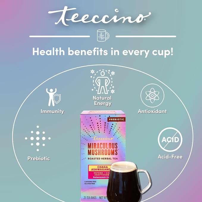 Teeccino Chaga Ashwagandha Tea - Butterscotch Cream - 25 Tea Bags - Organic Mushroom Adaptogenic Herbal Tea, 3x More Herbs than Regular TeaBags, Prebiotic, Caffeine Free, Gluten Free - (Pack of 3)