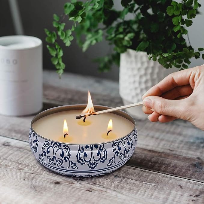 Citronella Candle Outdoor Large 3 Wick 13.5oz Soy Wax Candle with Lid in Blue and White Container for Patio Porch, 75 Hour Burn