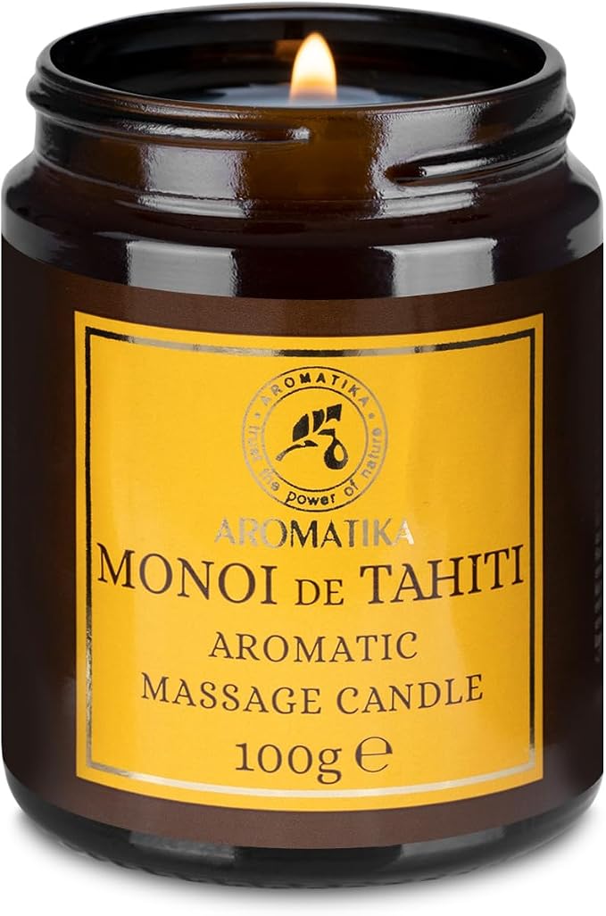 Scented Massage Candle Monoi de Tahiti - Soy Wax Candle 3.5Oz - Relaxing Massage Candle - Blend of Coconut & Almond & Monoi de Tahiti Oils - Vanilla Oleoresin - Skin Care - Beauty - Aromatherapy