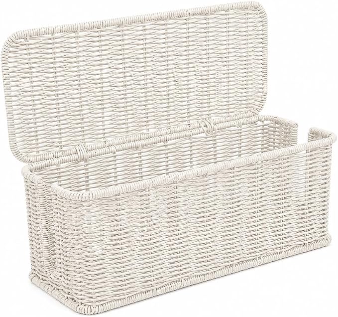 Cable Management Box, Handmade Rattan Cable Organizer with 2 Open Slots, Cord Hider for Power Strip, Router & USB Hub, Registered U.S. Design Patent (D1,112,102), 13" x 5.1" x 5.1", White