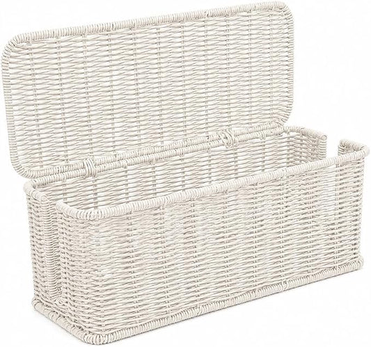 Cable Management Box, Handmade Rattan Cable Organizer with 2 Open Slots, Cord Hider for Power Strip, Router & USB Hub, Registered U.S. Design Patent (D1,112,102), 13" x 5.1" x 5.1", White