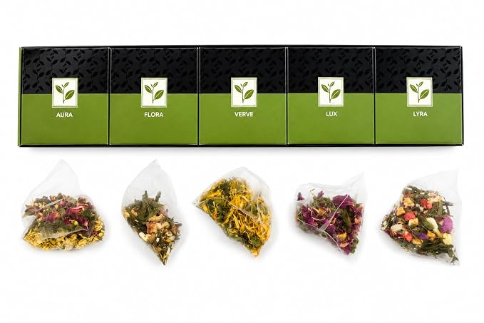 Pure And Easy Tea, Verdant Green Tea Sampler, 5 Whole Leaf Green Tea Blends, Premium Green Tea Gift Set, 15 BPA-Free Plant-Based Tea Bags (52.5g)