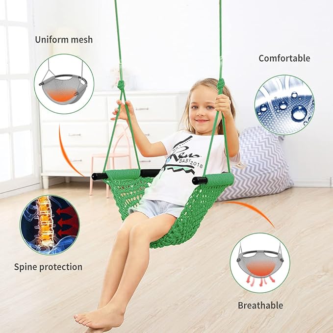 Hand-Knitting Toddler Swing, Swing Seat for Kids with Adjustable Ropes, Little tikes Swings Set, for Outdoor Indoor, Playground, Backyard (Green)