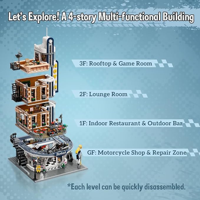 Retro Motorcycle Diner & Bar Building Set - Modular Street Corner Architecture Kit with Interactive Doors, Openable Walls, 4 Motorcycles & 5 Exclusive Minifigures for Display & Play
