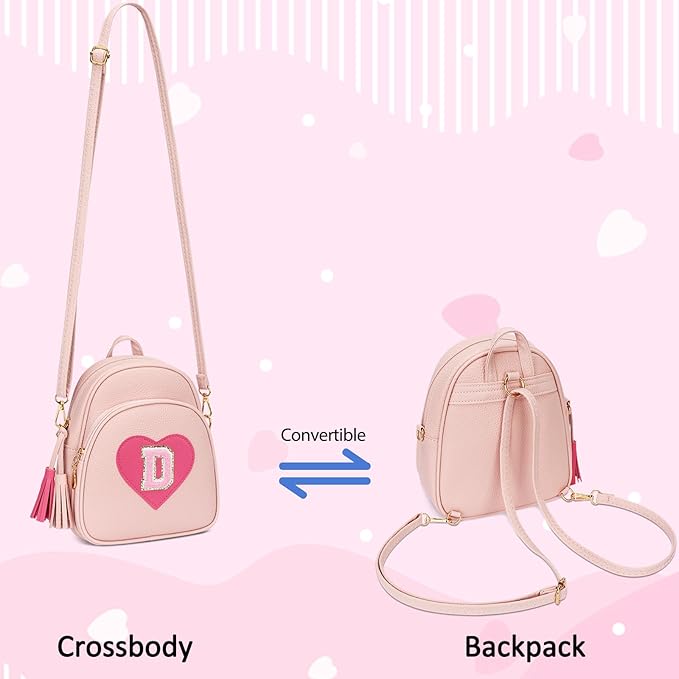 Valentines Day Gifts for Kids Gifts for Girls Little Girl Initial Mini Heart Backpack Purse Crossbody Bag with Tassel，Pink-D