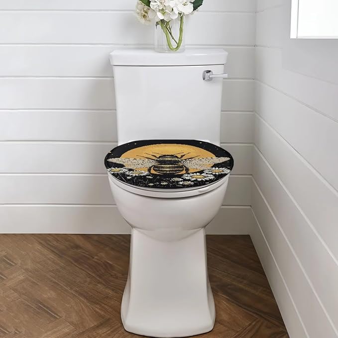 Bee Toilet Seat Cover for Bathroom Bee Moon Toilet Seat Pads Dust Cover Reusable Replacement Fabric Elastic Universal Fit Elongated Oval Round Lid,Easy to Clean