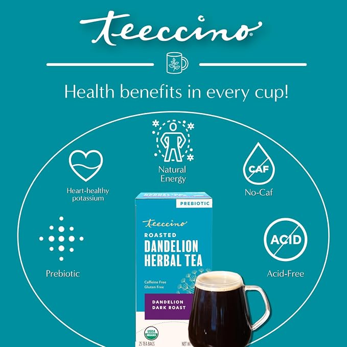 Teeccino Dark Roast Dandelion Tea - Rich & Roasted Herbal Tea That’s Caffeine Free & Prebiotic with Detoxifying Dandelion Root, 25 Tea Bags (Pack of 3)