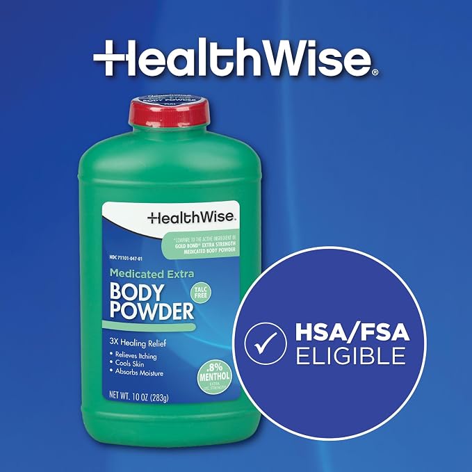 HealthWise Medicated Extra Strength Body Powder | .8% Menthol | Talc Free | Anti-Itch Healing Relief | Cools Skin | Absorbs Moisture | 10 oz (283g)
