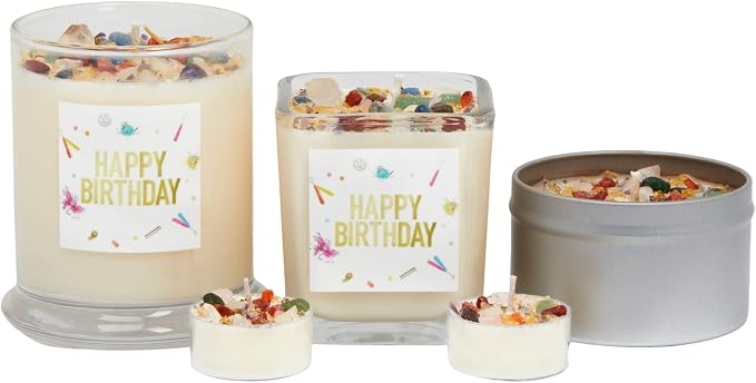 Happy Birthday Candle by New Moon Beginnings - Intention & Manifestation - Birthday Wish Candle - Crystal & Herb Candles - Aromatherapy Candles - Soy Candle, 8 Ounce Round Tin