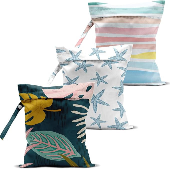 3 Pcs Wet Bag, Wet Dry Bag, Waterproof Bag, Small Laundry Bag, Wet Bag for Pool, Beach, Swimsuit, Makeup Bag, Diapers, Cruise Ship Essentials, Leaves Beach Accessories Travel for Women