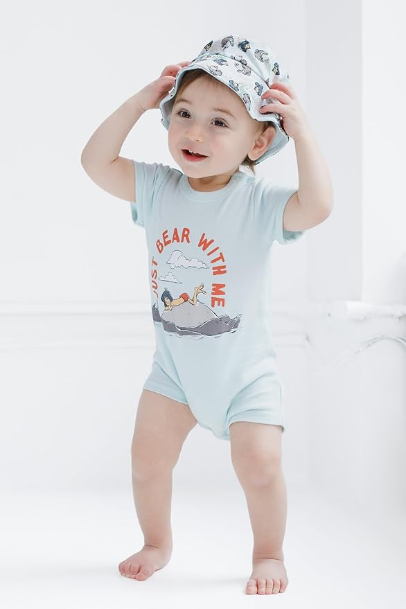Disney Baby Romper and Reversible Bucket Sun Hat Outfit Set Newborn to Infant Sizes (Newborn - 24 Months)
