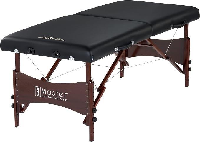 Master Massage 30" Newport Portable Massage Table Package with 2.5" Cushion, Walnut Frame, Steel Cables, Pillow & Accessories – Black