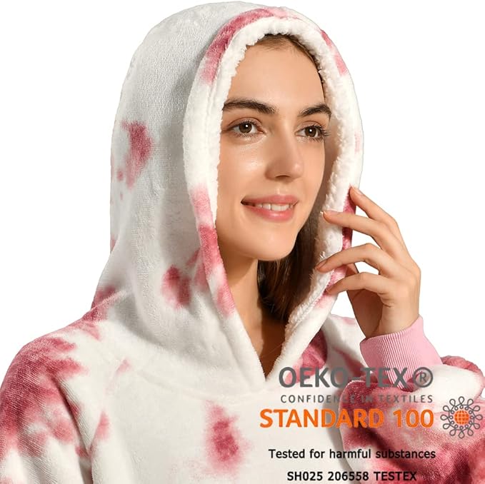 Krifey Wearable Blanket Hoodie, Oversized Sherpa Fleece Sweatshirt with Giant Pocket, Birthday Gifts for Women, Mom, Sister, Red Tie Dye