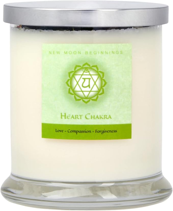 Heart Chakra Candle by New Moon Beginnings - Chakra Candles - Dried Flower, Herb, & Crystal Candles - Aromatherapy Candles - Soy Candle - 12oz Glass Jar