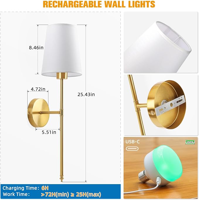 25.4 inch Battery Operated Wall Sconce Set of 2,Gold Rechargeable Wall Lights with 10400mAh Dimmable Detachable Bulbs and Remote,9 Colors Wireless Sconces for Bedroom Living Room Hallway