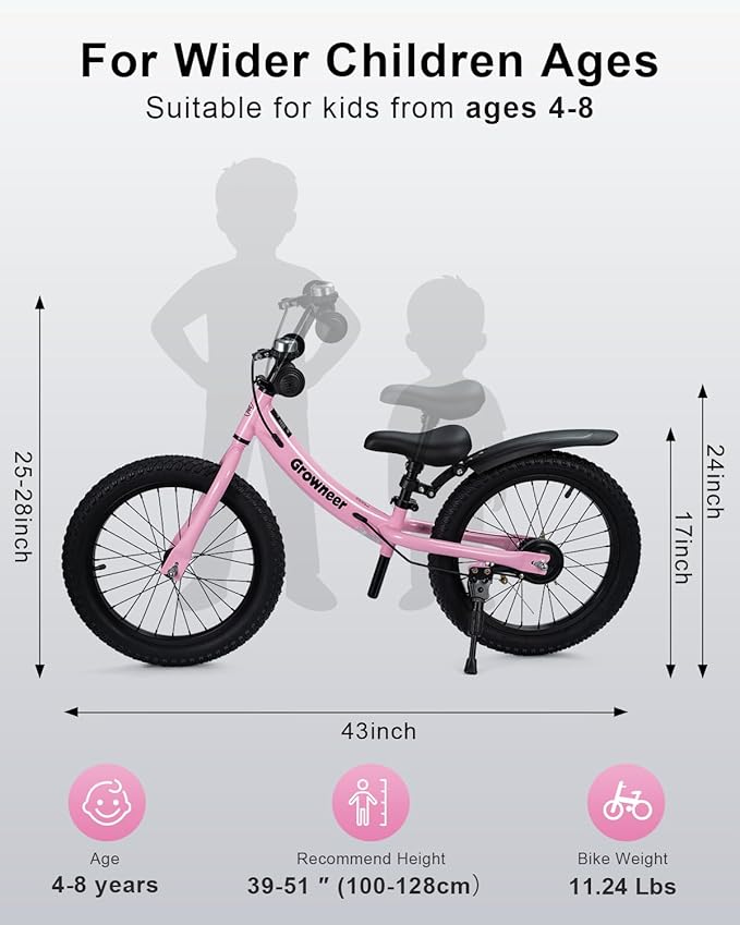 GROWNEER 16" Kids Balance Bike for 4-8 Year Old Boys Girls, Lightweight High Carbon Steel Frame Bicycle, Adjustable Padded Seat & Handlebars, Rear Brake, All-Terrain