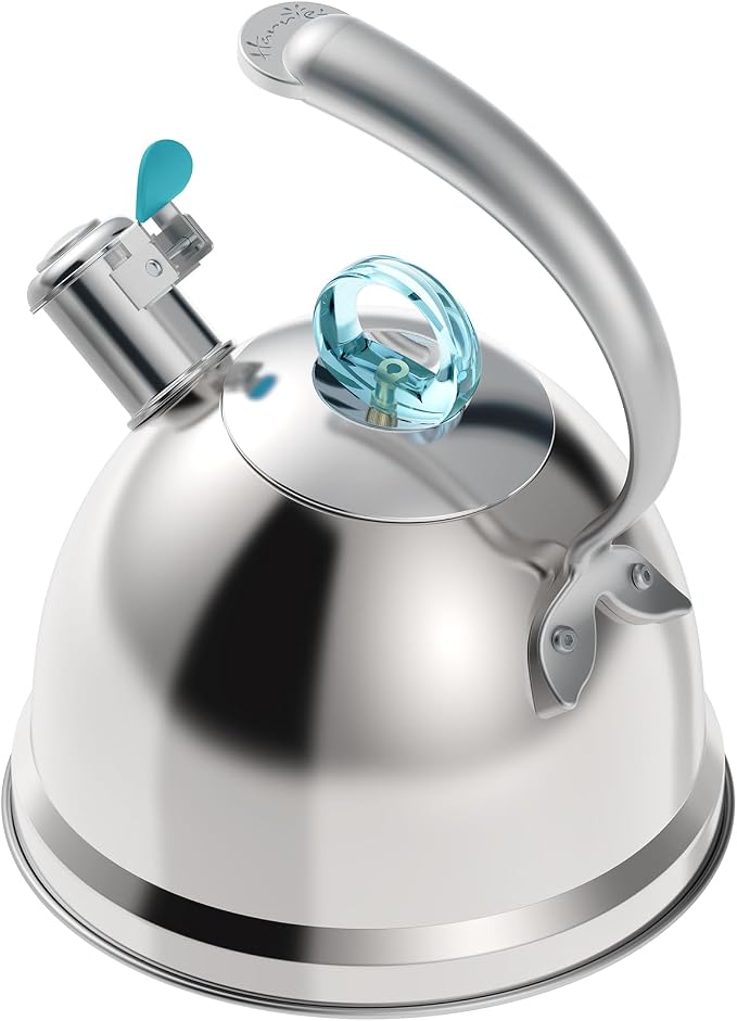 Harriet Tea Kettle Stovetop, 2.5 Quart Whistling Stainless Steel Tea Pot, 3-Layer Base, Unique Ergonomic Handle, Includes Pot Holder & Mat, Electric/Induction/Gas Stovetops Applicable, Mirror Finish