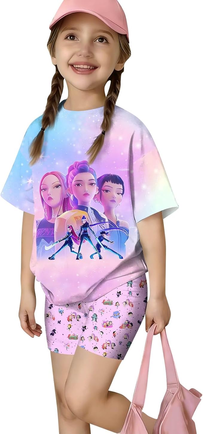 K-POP DEM0N Hunters Outfits for Girls, 2 Piece T-Shirts and Apparel Sets Birthday Gift