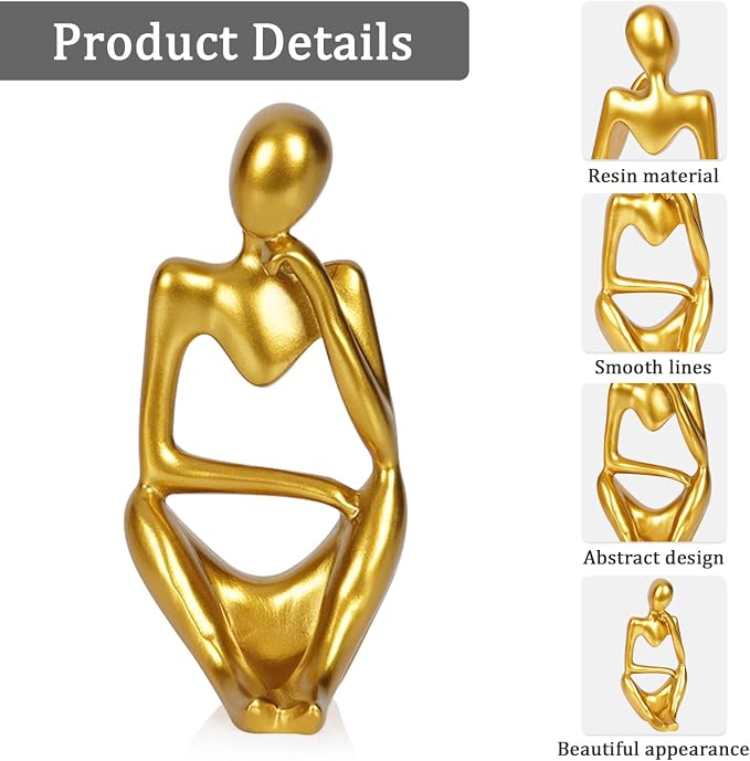 Sandstone Resin Thinker Statue Style Abstract Sculpture, Gold, Right | Small Statue Collectible Figurines, Modern Aesthetic Ornament for Home Office Bookshelf Desktop Coffee Table Decor