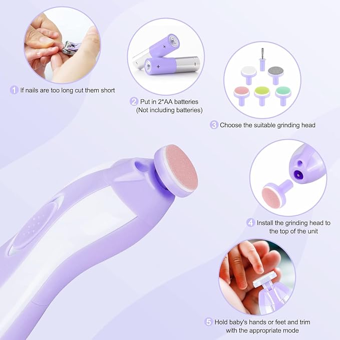 Qunlions life Baby Nail Trimmer Electric, 6 in 1 Baby Nail File Clippers Infant Grooming Kit Manicure Set for Toddler or Adults, Purple