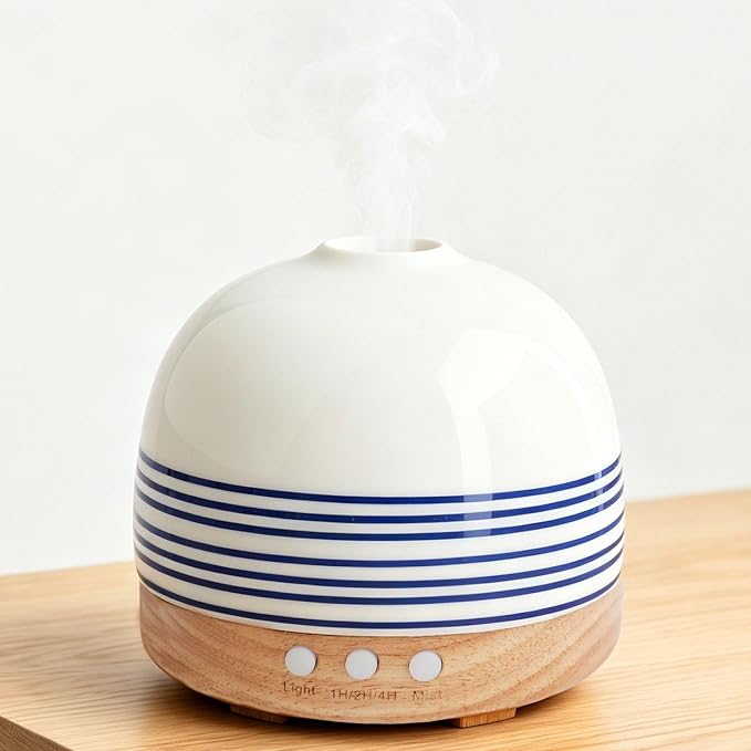 300ML Essential Oil Diffuser, Handcrafted Ceramic Aromatherapy Diffusers for Large Home with Cool Mist Humidifier & Night Light for Bedroom, Office, Yoga, Spa Women Gifts,Blue Stripe