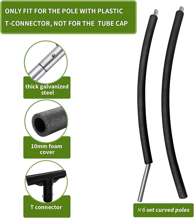 6 PCS Trampoline Curved Pole Replacement, Universal Curved Enclosure Net Poles for 8-16ft Frame, with Plastic T Connector, Mounting Hardware, Foam Cover Padding