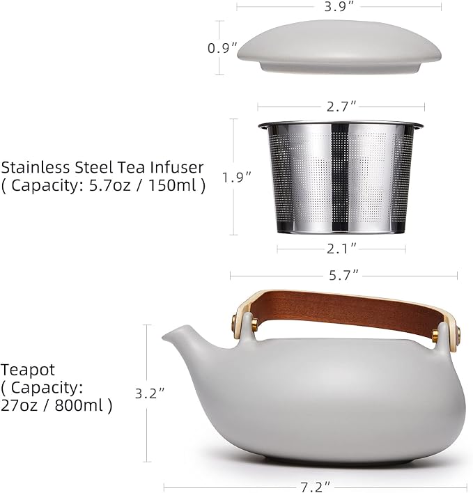 ZENS Vintage Japanese Teapot with Strainer, 27oz Matte Ceramic Loose Leaf Teapot with Infuser, Wood Handle Gray Japanese Teapots Hot Tea Brewer Pot for Women, Tea Lovers Gifts