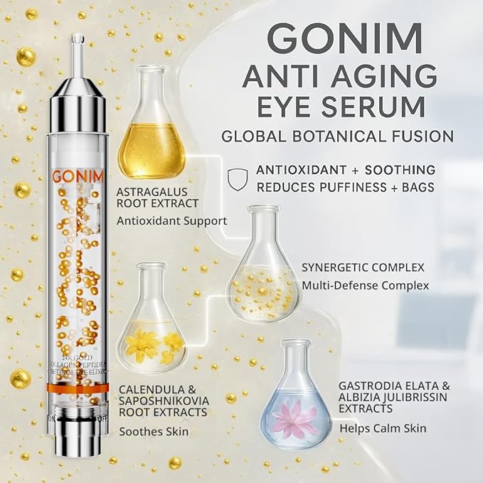 GONIM Eye Gel with Caffeine & Niacinamide, Hydrating Under Eye Gel Serum with Collagen Peptides & Retinol for Fine Lines, Dark Circles and Puffiness, Reduce Wrinkles, Hydrating Gel Base, 0.34oz/10ml