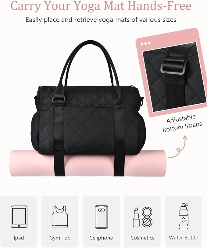 Gym Bag for Women with Yoga Mat Holder, Small Mini Gym Tote Bag Puffy Quilted Lightweight Sports Duffel Bag with Wet Compartment for Dance Yoga Workout Travel - Black
