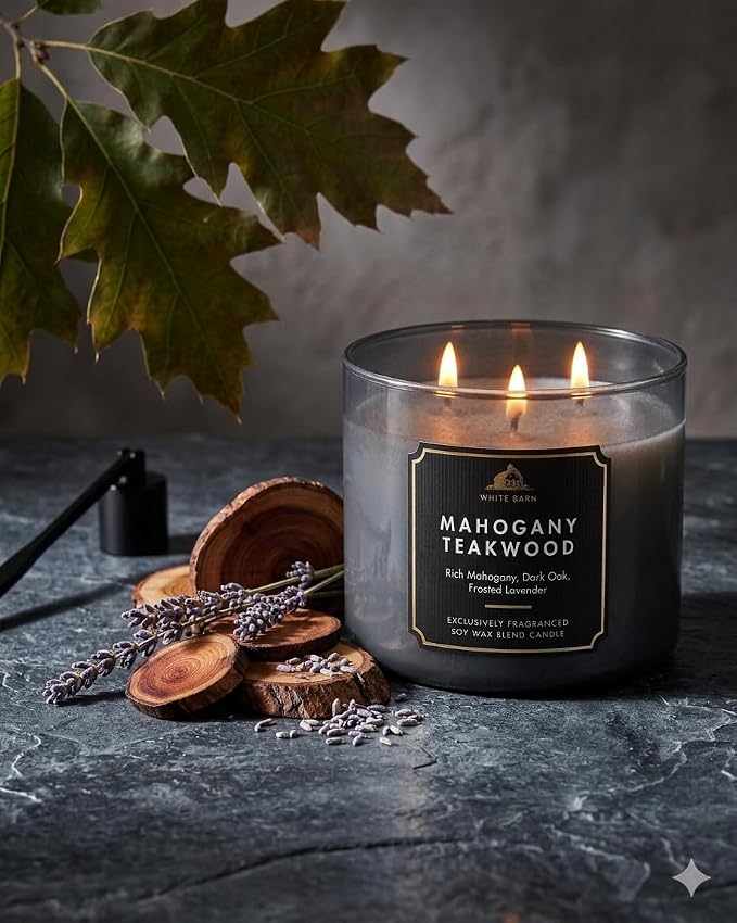 Bath and Body Works, White Barn 3-Wick Candle w/Essential Oils - 14.5 oz - 2021 Core Scents! (Mahogany Teakwood High Intensity)