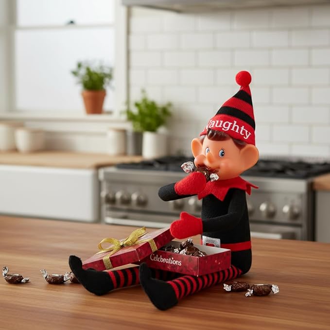 Toyland®️ Elves with Attitude 35cm (14") Red & Black 'Naughty' Elf Soft Toy - Knitted Hat & Legs - Vinyl Cheeky Face & Stick Together Hands - Festive Fun for All!